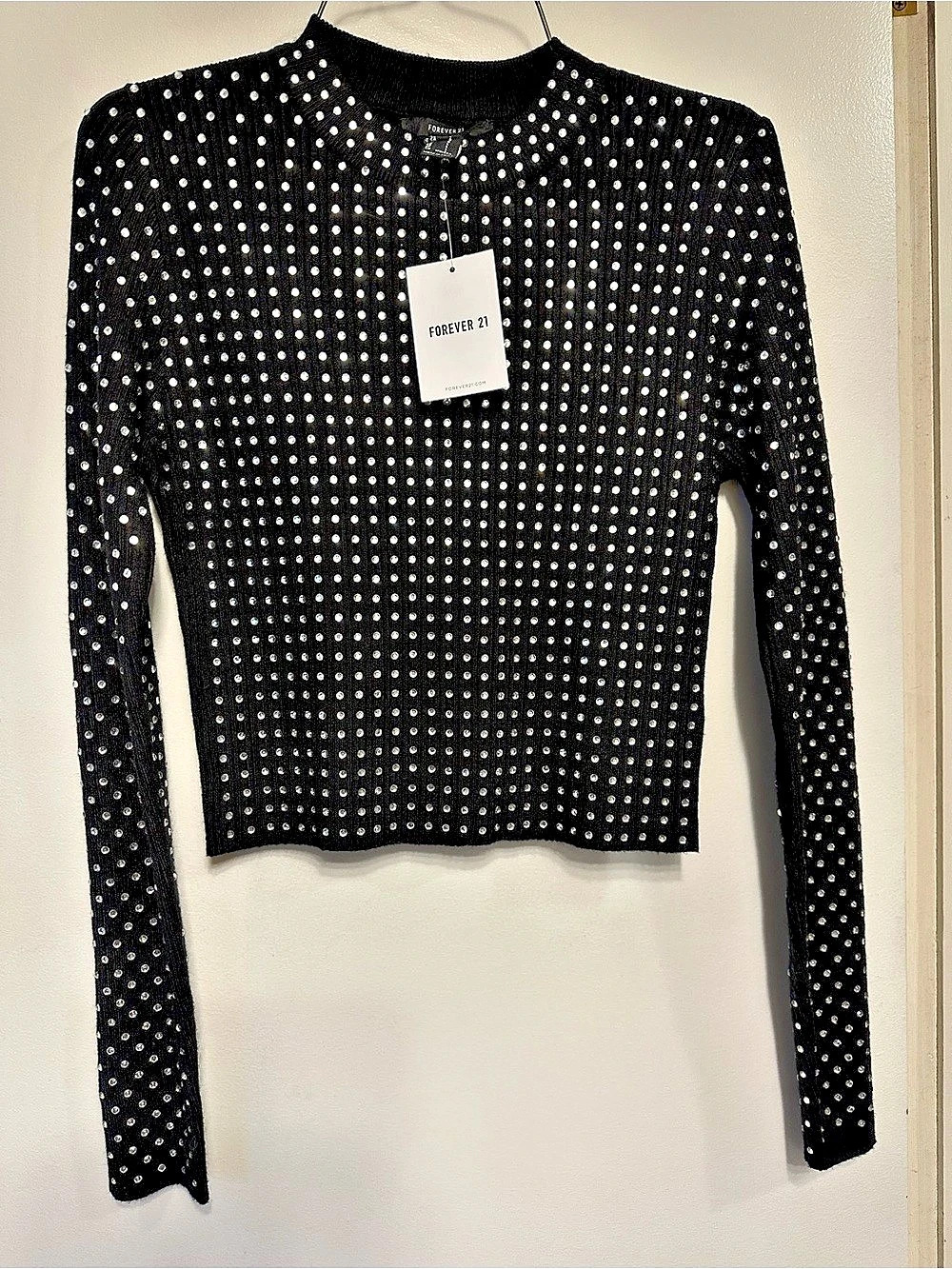 Forever 21 Rhinestone Embellished Ribbed Knit Top Black Large